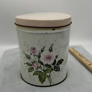 Vintage Decoware Metal-Tin Canister Featuring Pink Floral Pattern